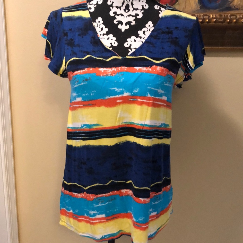 🌊 Joseph A. Abstract tropical wavy striped v-neck short sleeved top